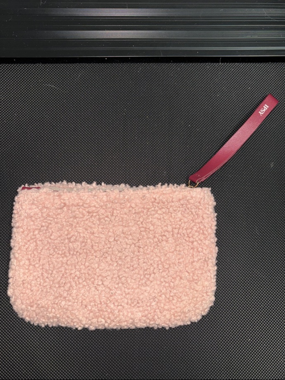 ipsy Pink Sherpa Wristlet Pouch with Maroon Lining